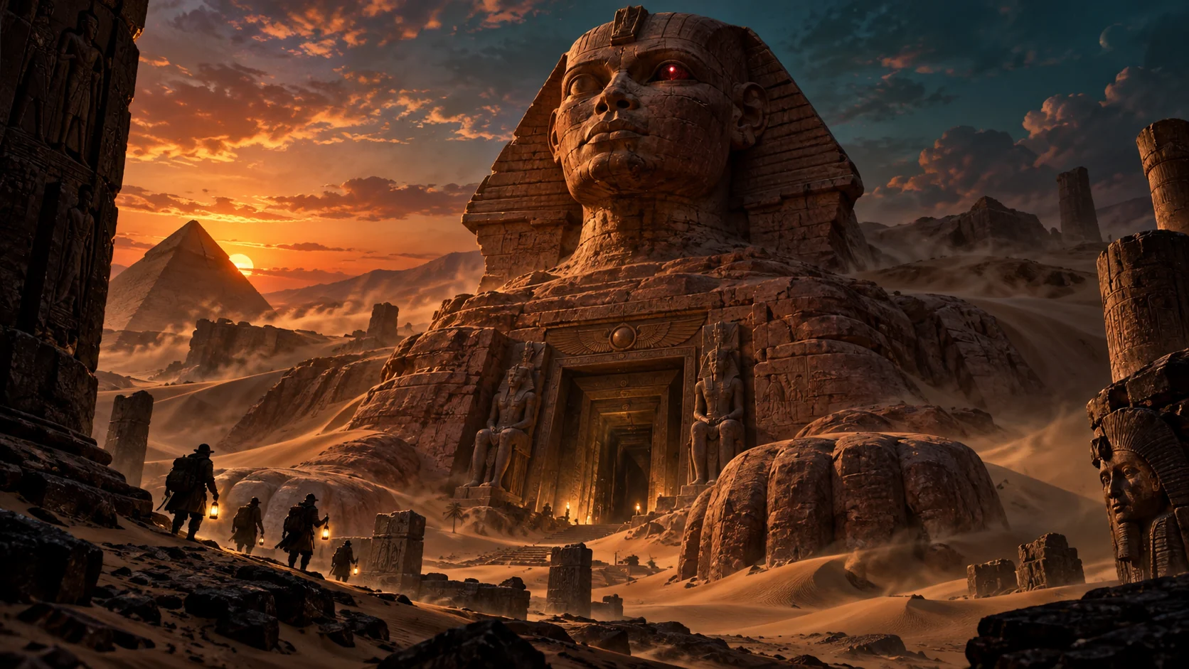 The Crimson Sphinx guards a buried tomb at sunset